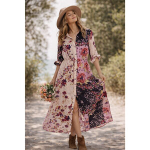 Free People Patchwork Floral Midi Shirt Dress Boho Cottagecore Whimsigoth Duster